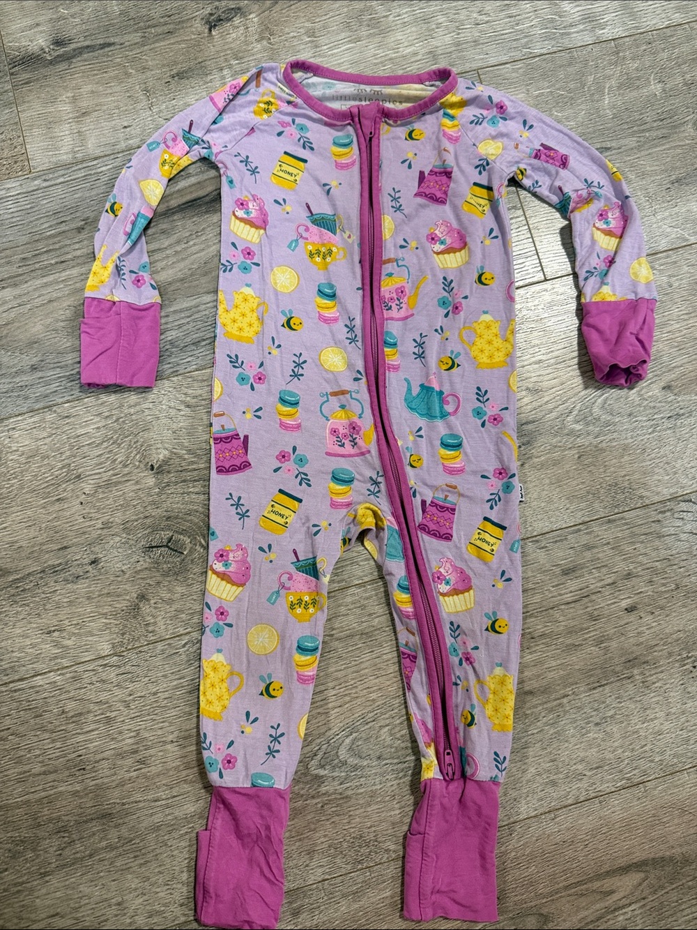 Little sleepies Tea Party Print One-Piece Pajamas with Pink Trim